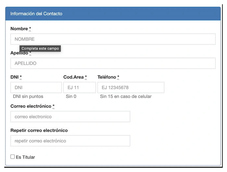 Paso 2 para sacar turno de la VTV en Munro: información del contacto
